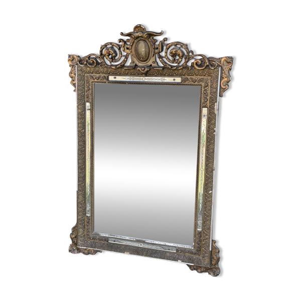 Grand miroir Napoléon III sculpté – Bois patiné & décor Louis XV