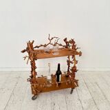 Mid-Century Bar Cart in Brown Burl, Plywood and Root Wood, 1960s