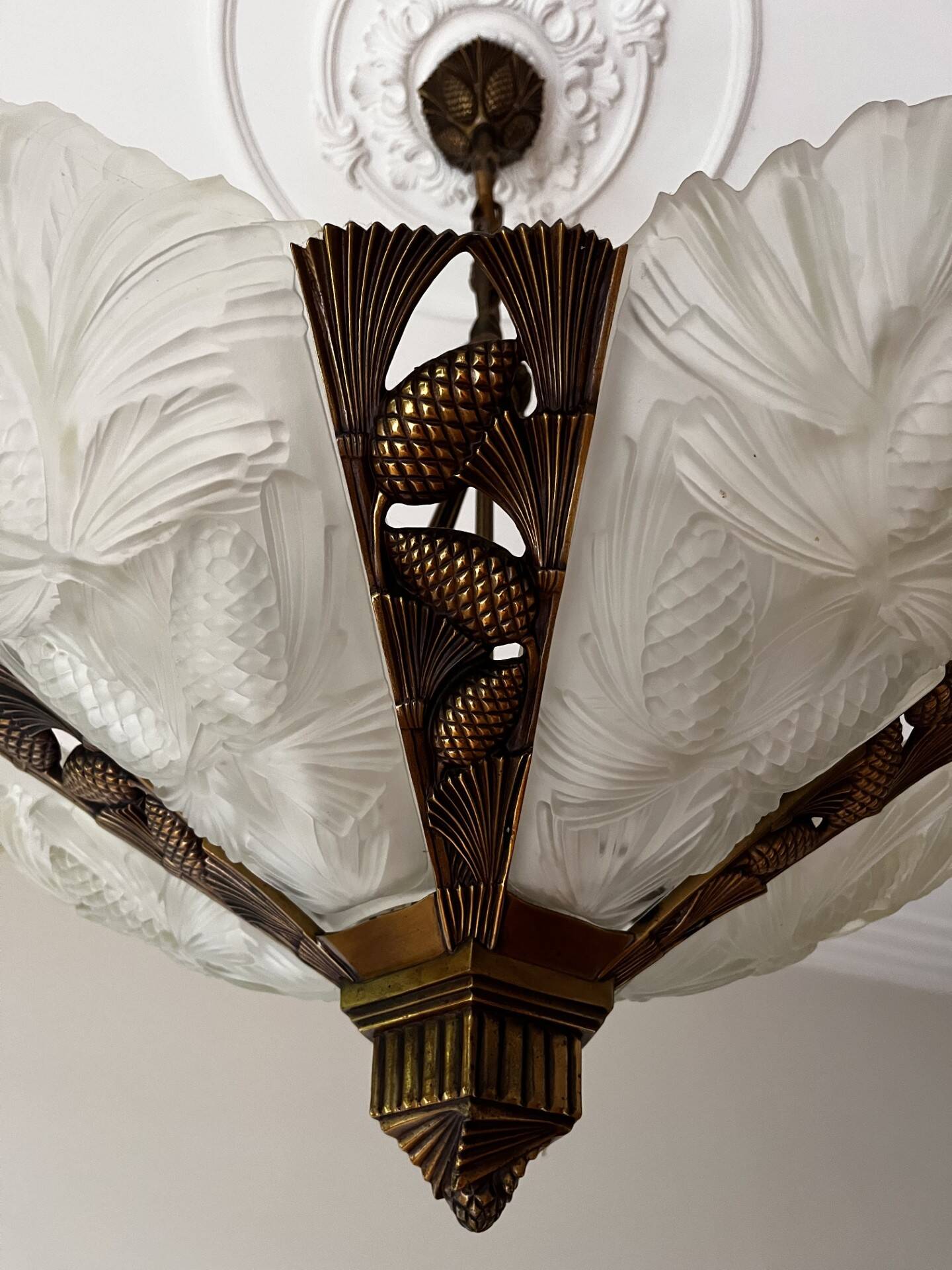 Opaline and brass chandelier