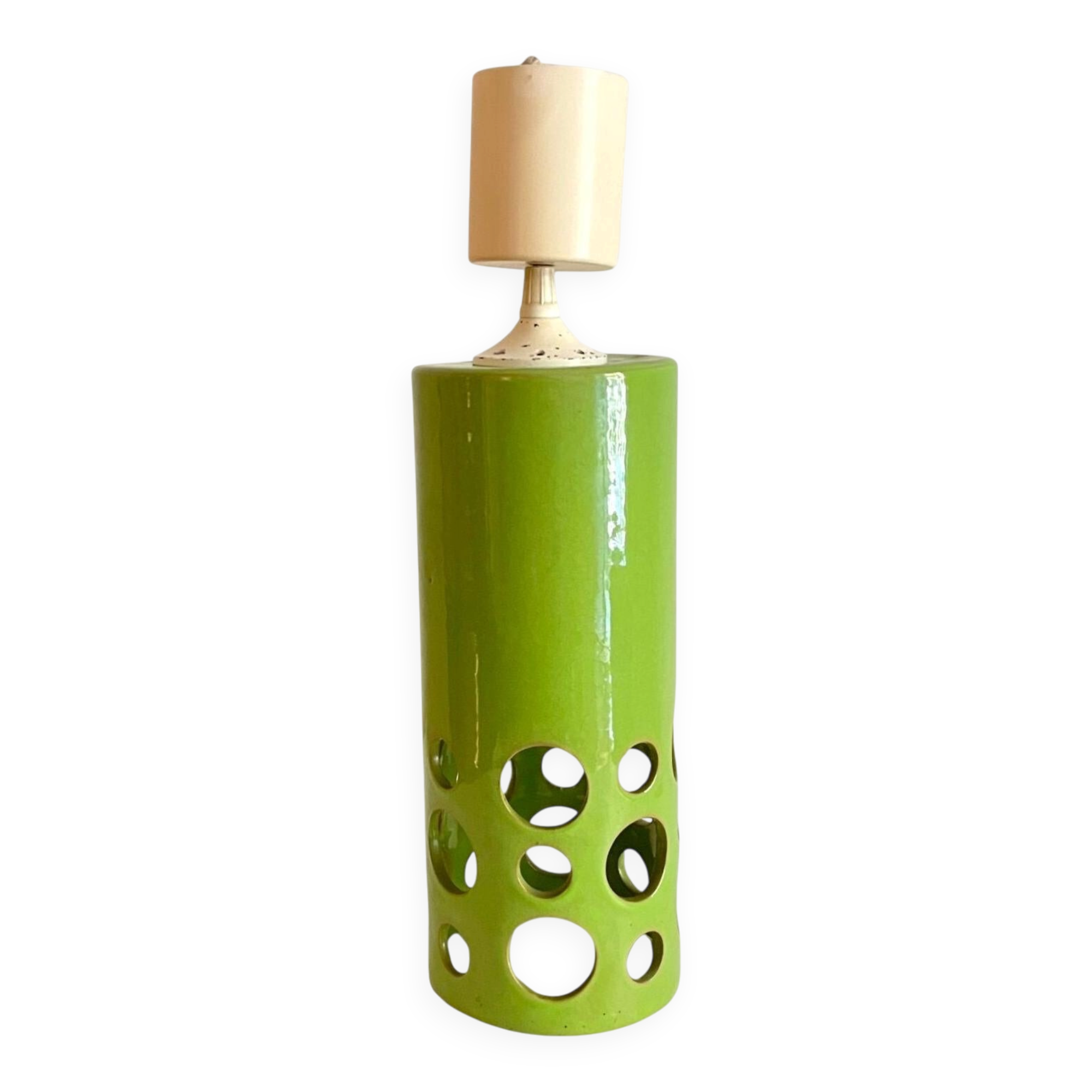 1960s Cylindrical Italian ceramic pendant lamp with circular light openings