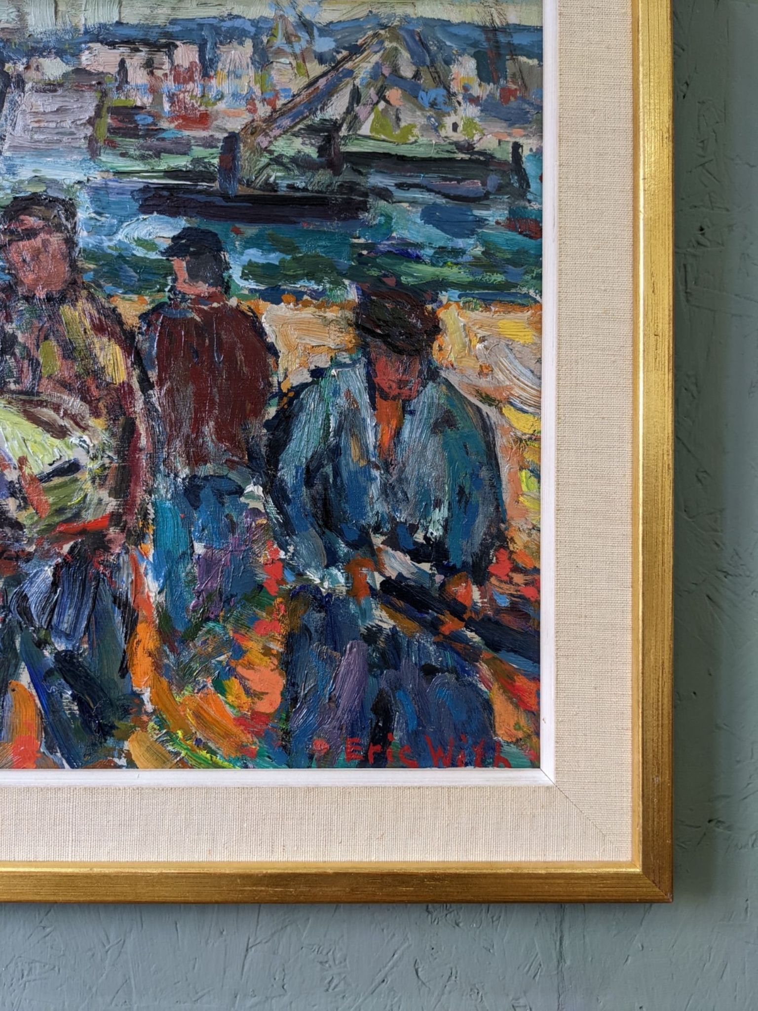 Peinture à l’huile figurative vintage suédoise « Coastal Dock » du milieu du siècle, encadrée