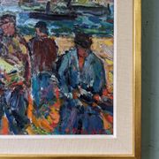 Peinture à l’huile figurative vintage suédoise « Coastal Dock » du milieu du siècle, encadrée