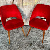 Achille decommere chair pair red fur + vintage wooden compass legs