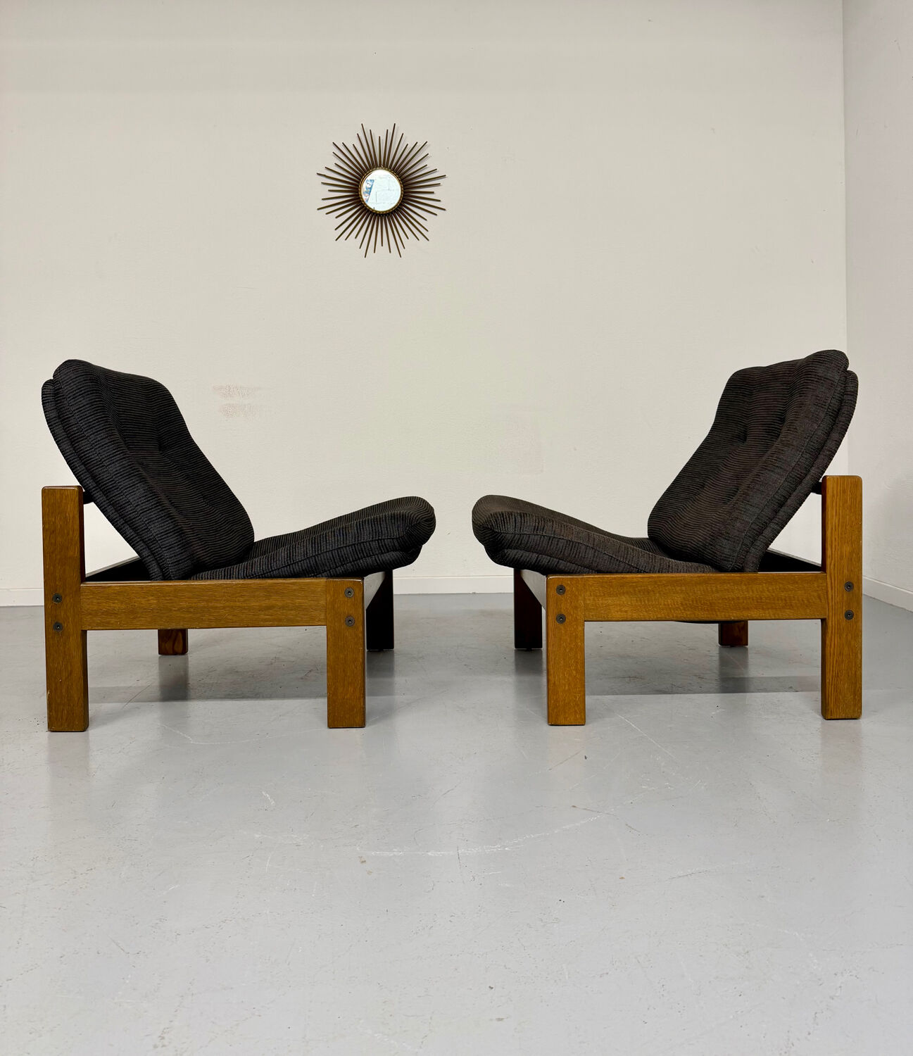 Lot of 2 adjustable wooden fabric chairs, Scandinavian design, vintage 1970s.