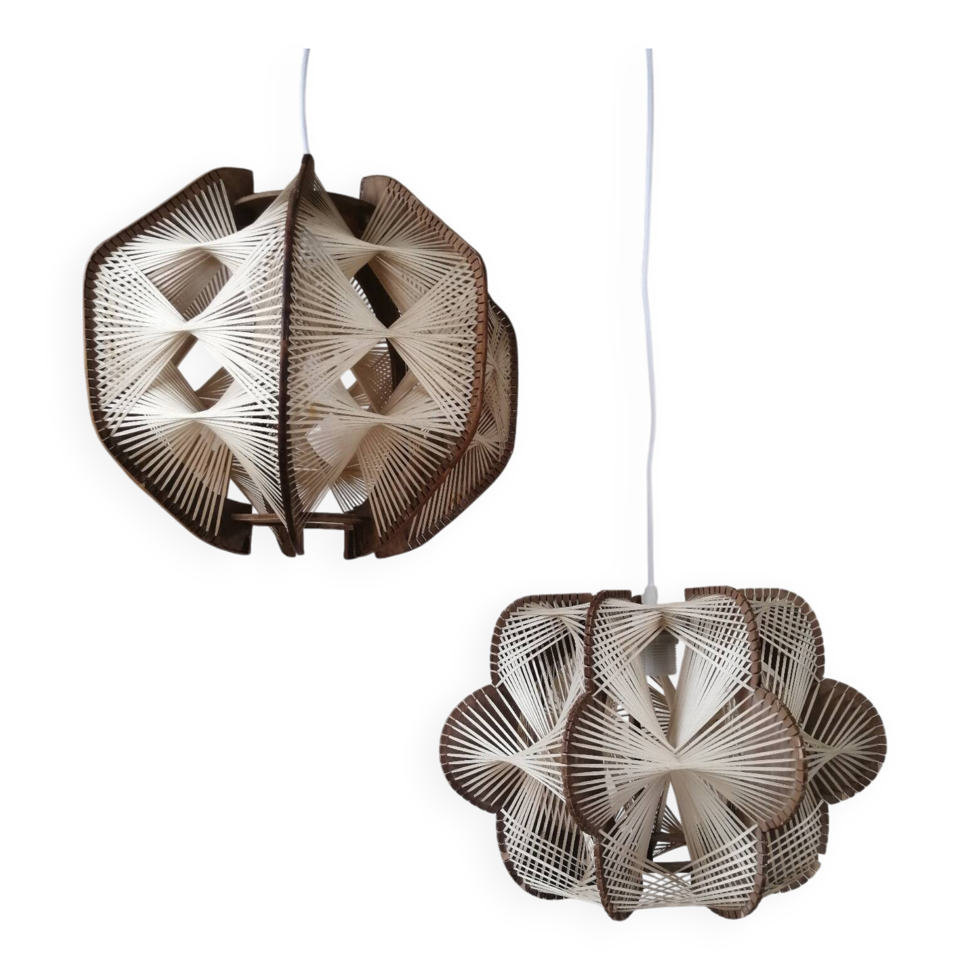 Pair of vintage wooden and rattan straw pendant lights.