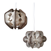 Pair of vintage wooden and rattan straw pendant lights.