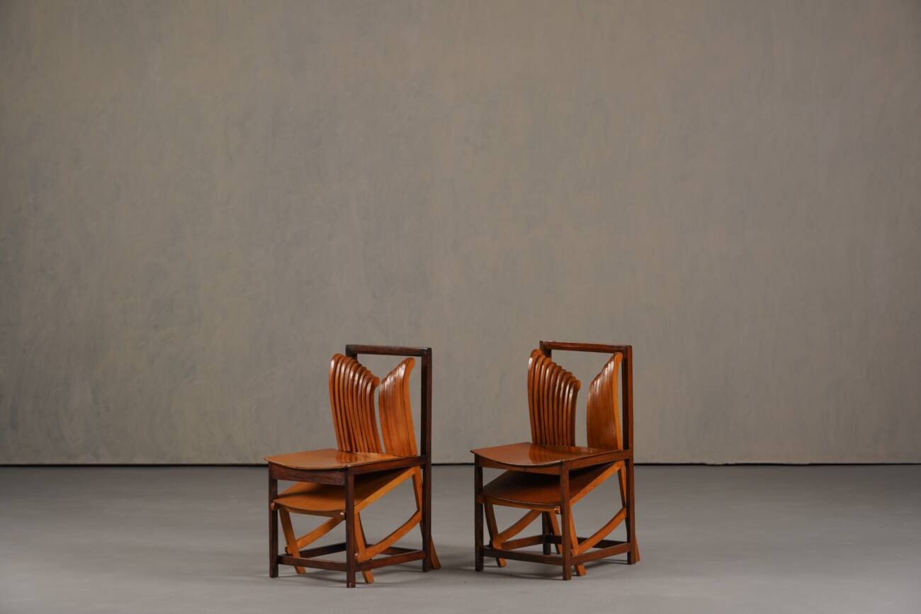 Vintage sculptural unique design dining chairs, France 1960s set of 2