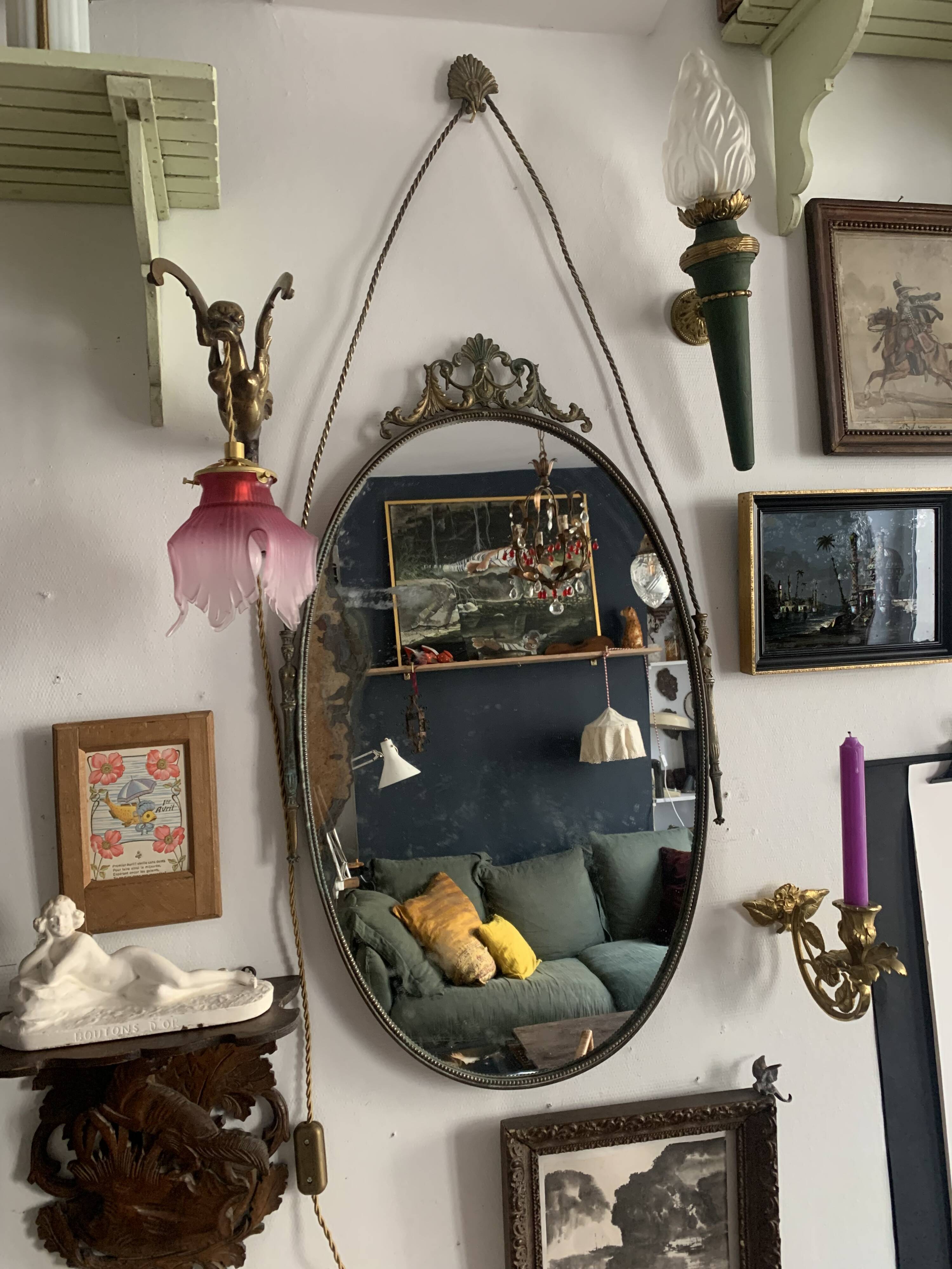 Large French Napoleon III Period Oval Bronze Wall Mirror, 19th Century