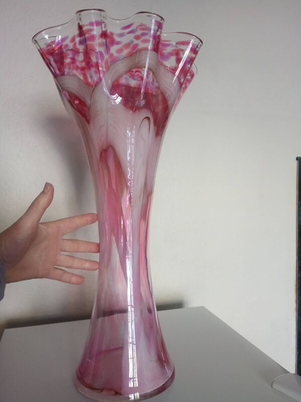 Grand vase corolle évasé 50cm - moucheté rose & blanc Design 70'