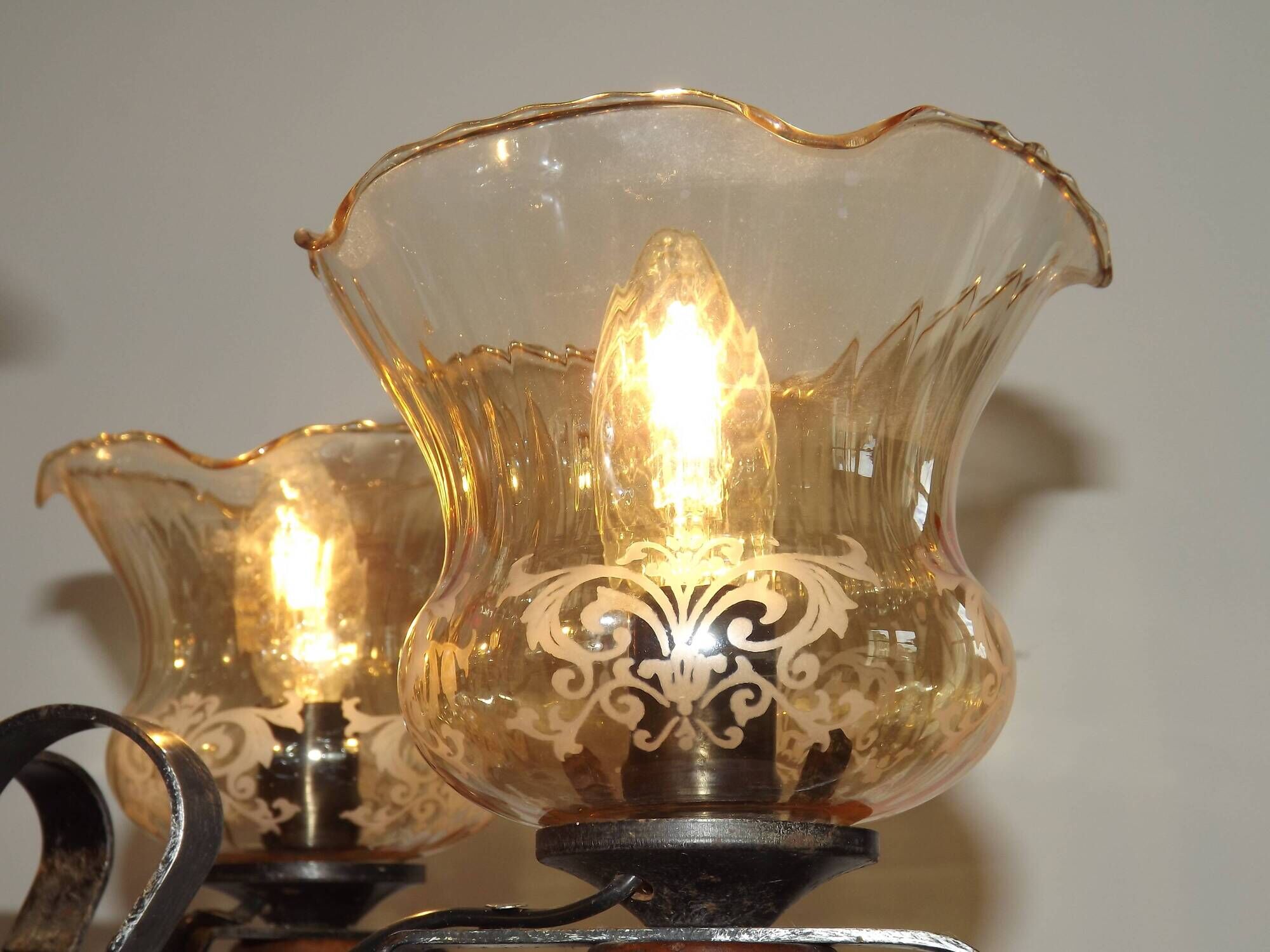 French 5 Light Mid Century Chandelier Wood Metal & Patterned Glass Shades