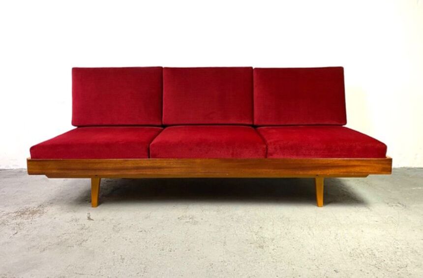 Daybed in beech and red fabric by jitona, vintage czech 1970s