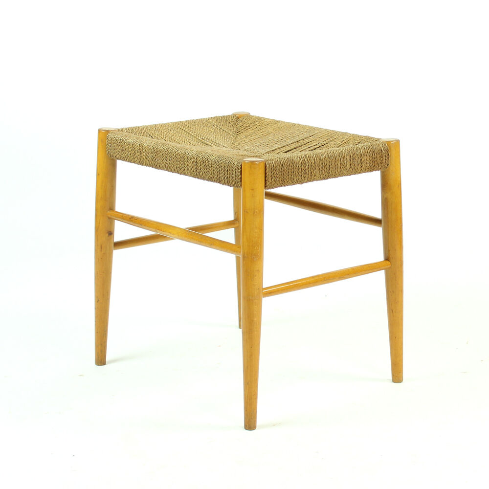 Midcentury stool in oak wood and rope, Czechoslovakia 1960