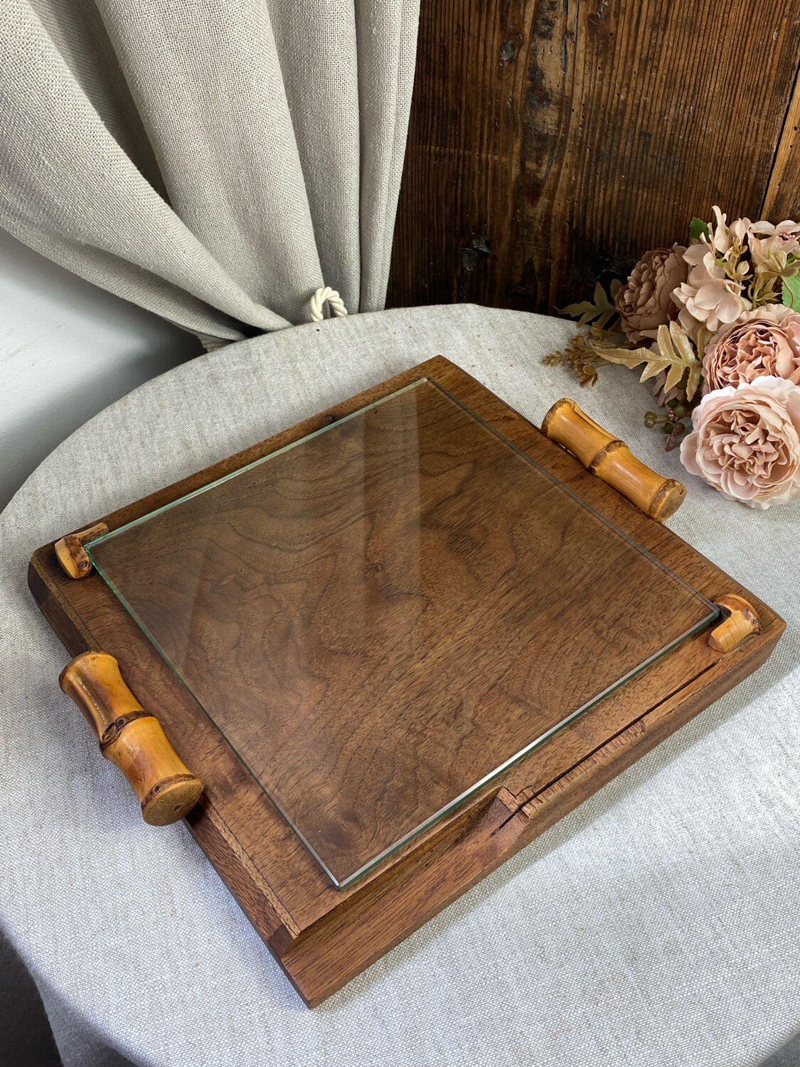 Wood and glass bamboo plateau