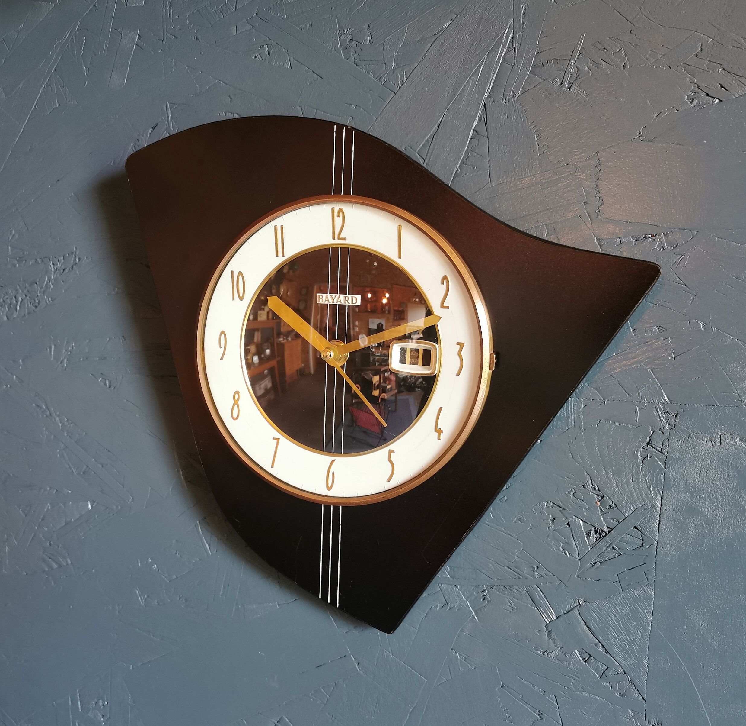 Vintage formica clock asymmetrical silent wall clock "Bayard black white lines"