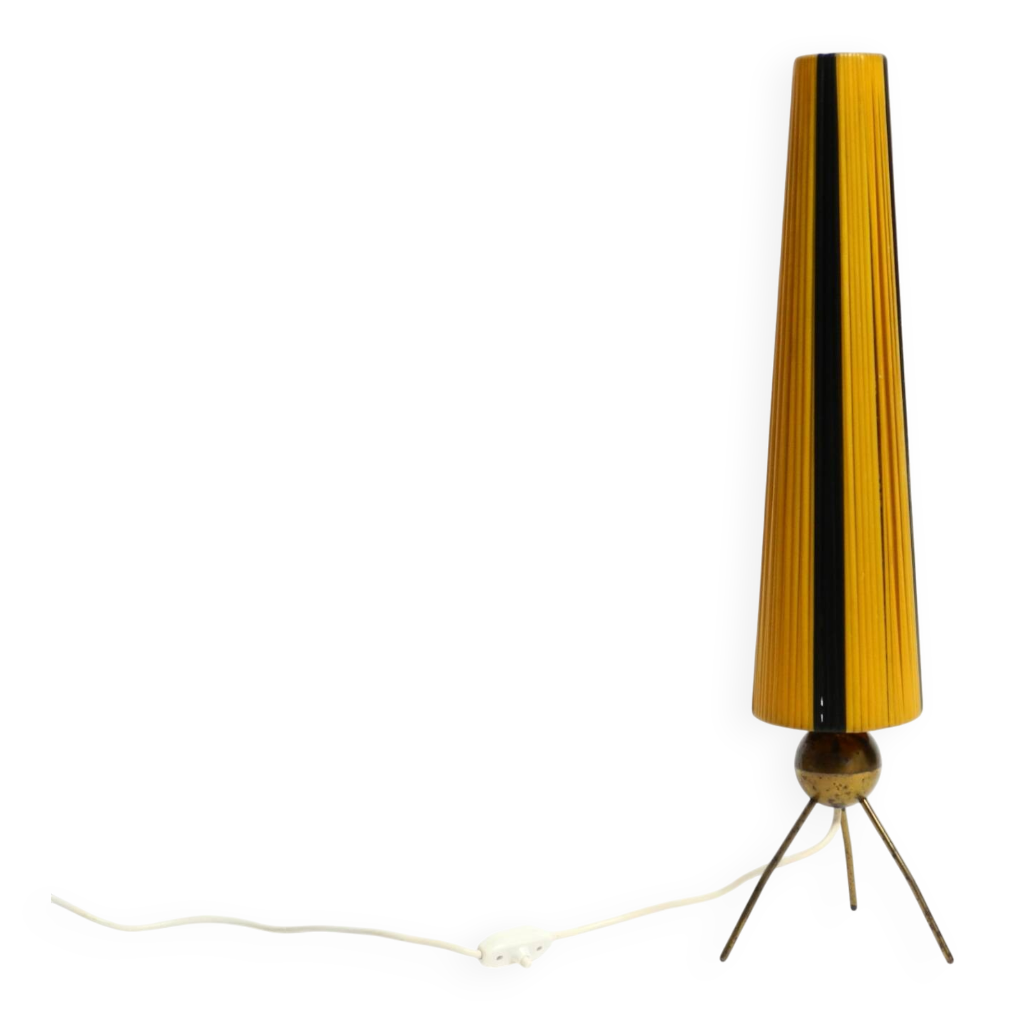 Mid Century tripod brass table lamp with a wrapped nylon strip lampshade