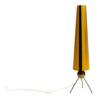 Mid Century tripod brass table lamp with a wrapped nylon strip lampshade