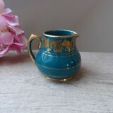 Ancien petit pot à crème Sadler en céramique bleu vert motif doré, pot à lait crémier anglais