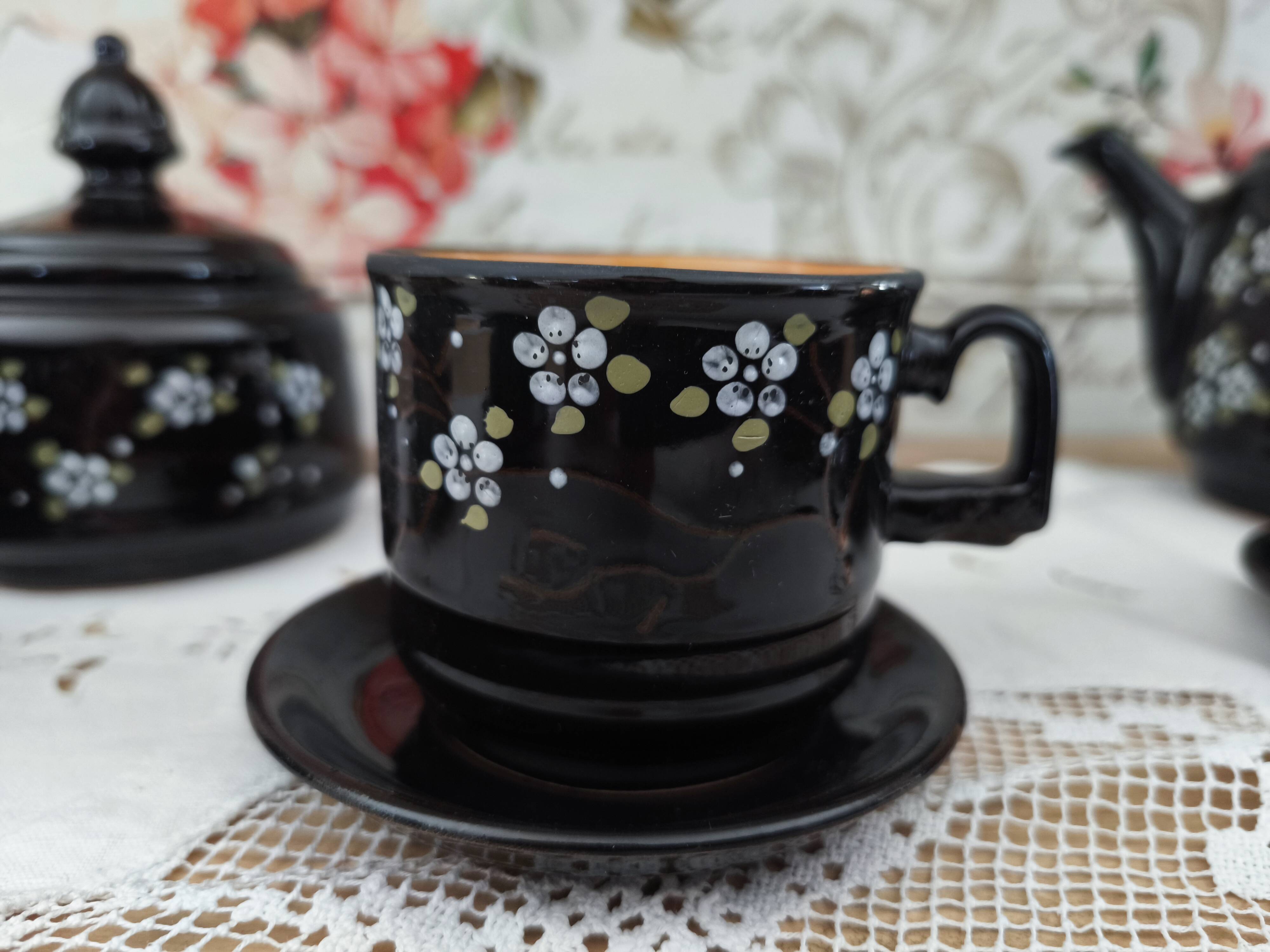 Vintage Russian tea set 14 pieces for 6 people in enamelled terracotta