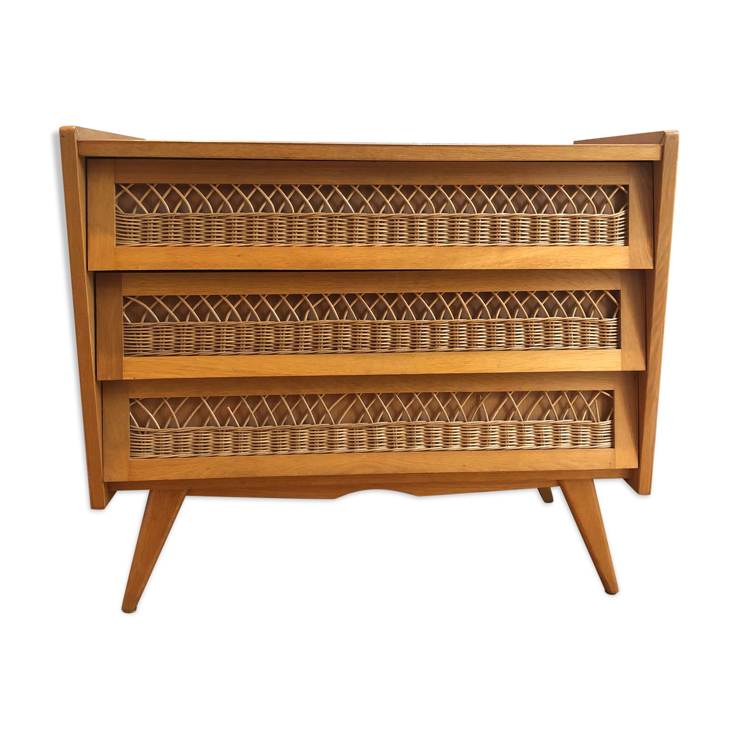 Wooden and rattan chest of drawers