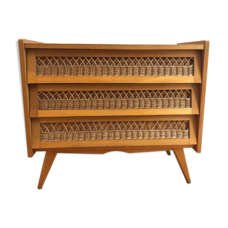 Wooden and rattan chest of drawers