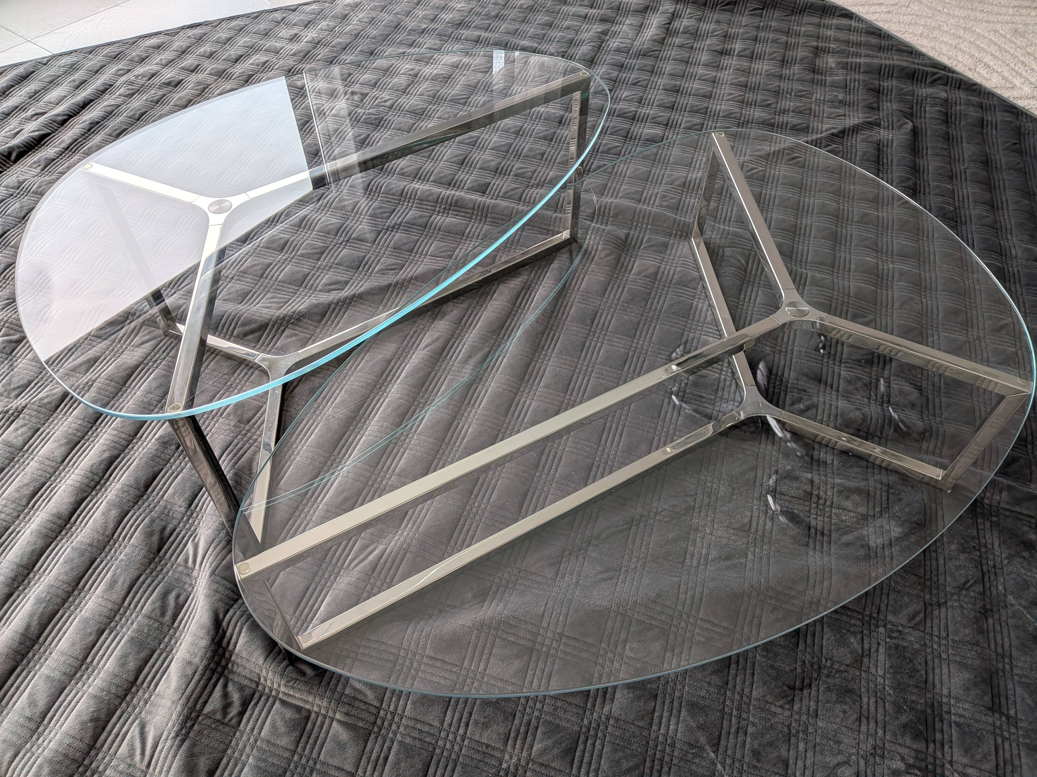 2 oval glass and chrome coffee tables, nesting, stackable, "gal" shape.