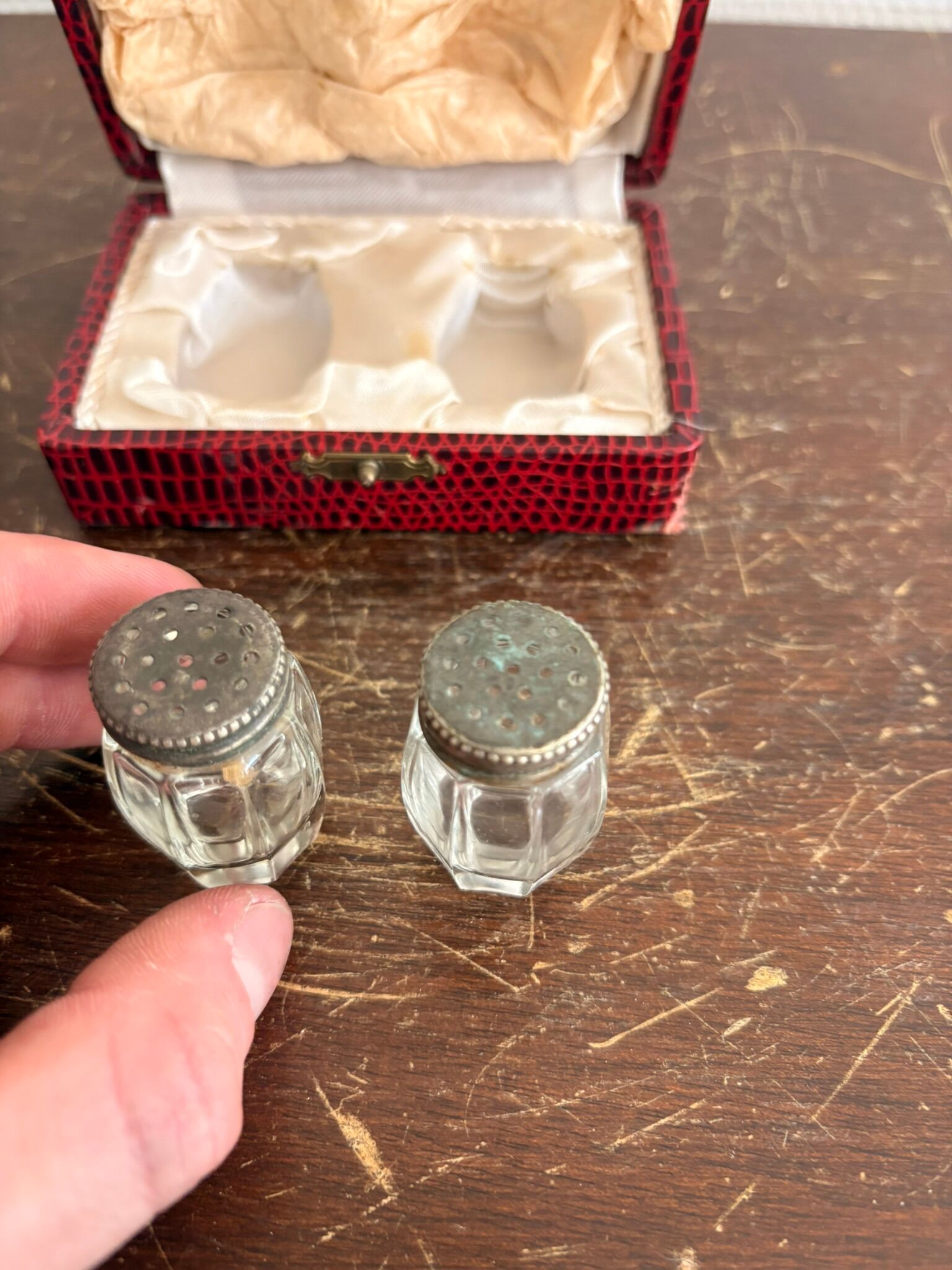 Vintage Salt and Pepper Set, Salt Shaker, Pepper Shaker, Art Deco Case and Bottle