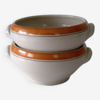 Set of two stoneware bowls from Digoin France in beige orange black color with handles
