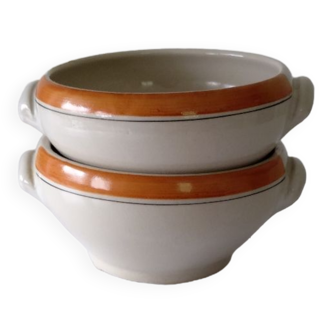 Set of two stoneware bowls from Digoin France in beige orange black color with handles