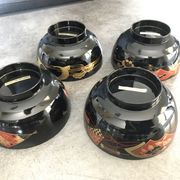 Set of 4 japanese bowls in lasewood decorated with black and red paint