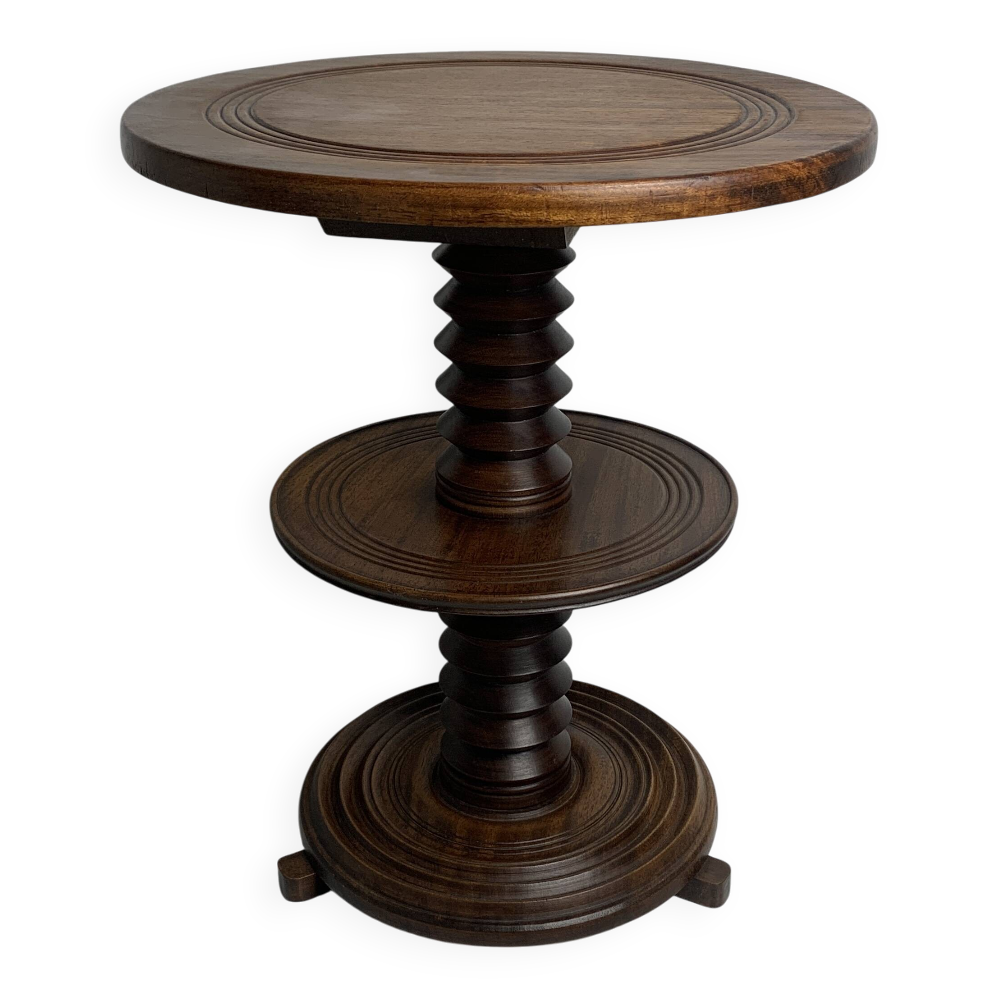 Brutalist Wood Turned Screw Press Side Table in the style of Dudouyt