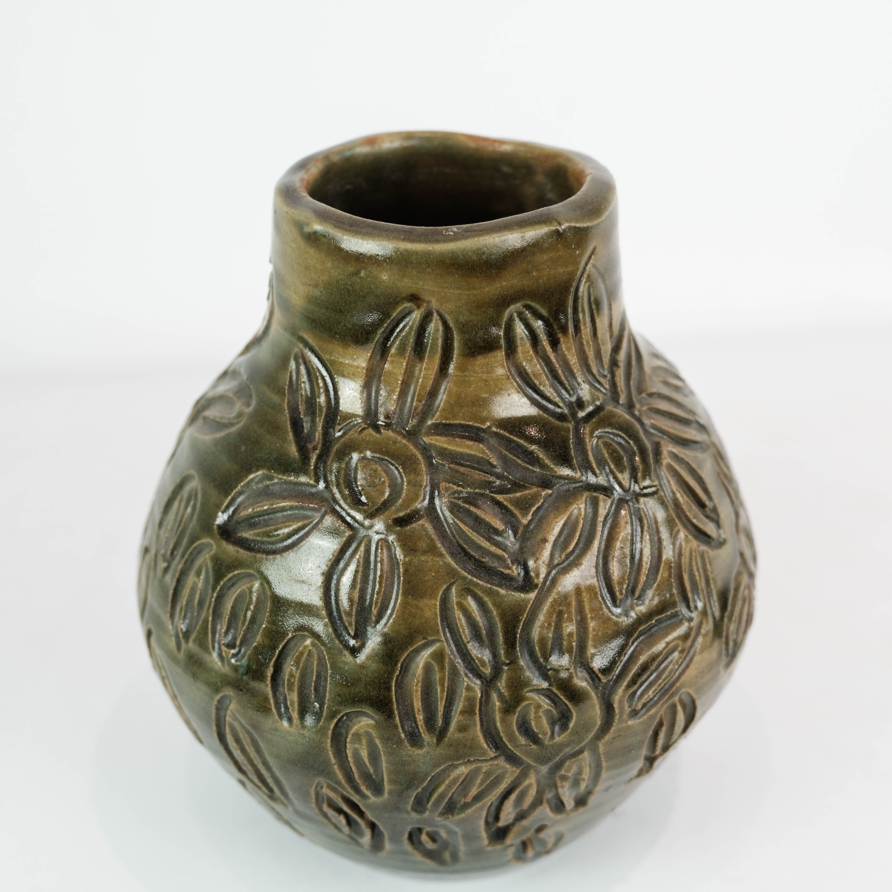Ceramic vase with dark glaze and floral pattern of unknown Danish artis, 1960s
