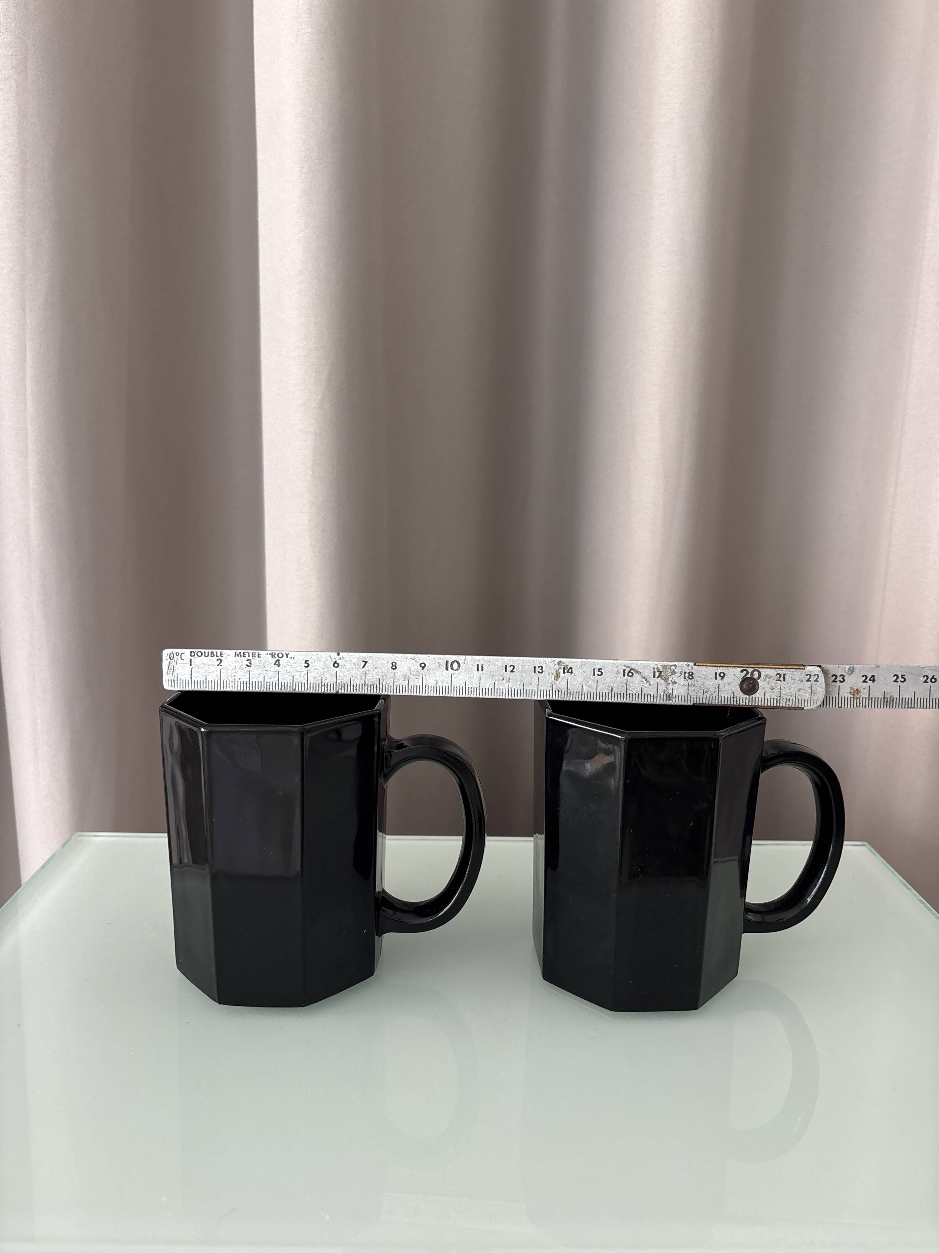 Vintage French Octagonal Black Glass Mugs | Set of 2 | Arc France | 1980s