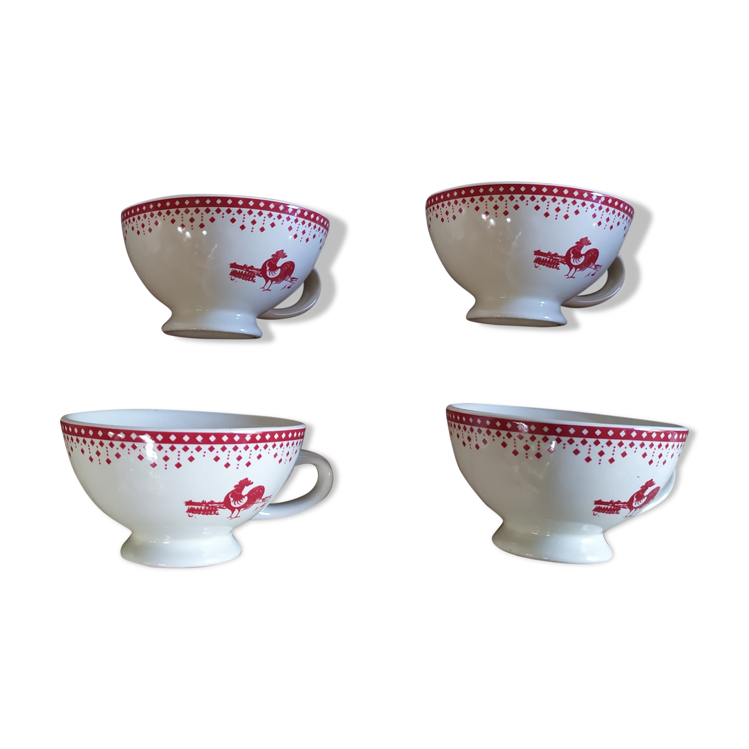 Beige porcelain bowls deco rooster bind of wine bordeau Lot of 4 Brocanteespritdantan