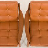 Rare Grete Jalk teak lounge chairs in aniline cognac leather for Cado