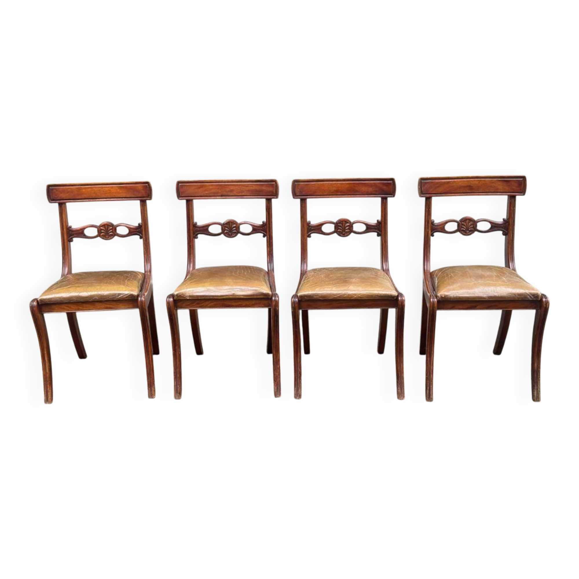 4 Regency chairs in solid wood and brown-beige leather from the 19th century.