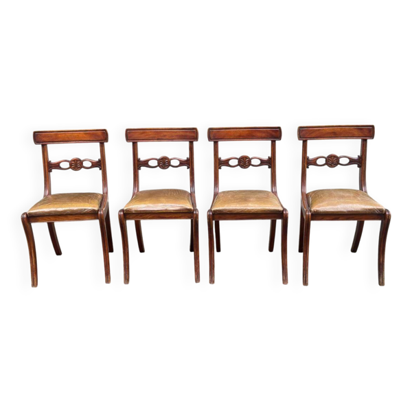 4 chaises régence en bois massif et cuir marron beige du 19ème