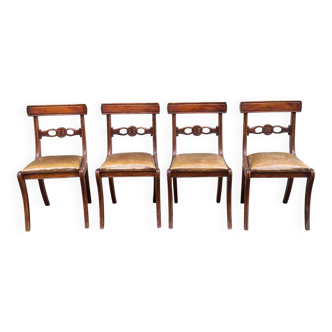 4 Regency chairs in solid wood and brown-beige leather from the 19th century.