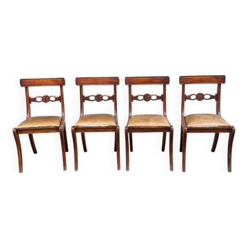 4 Regency chairs in solid wood and brown-beige leather from the 19th century.