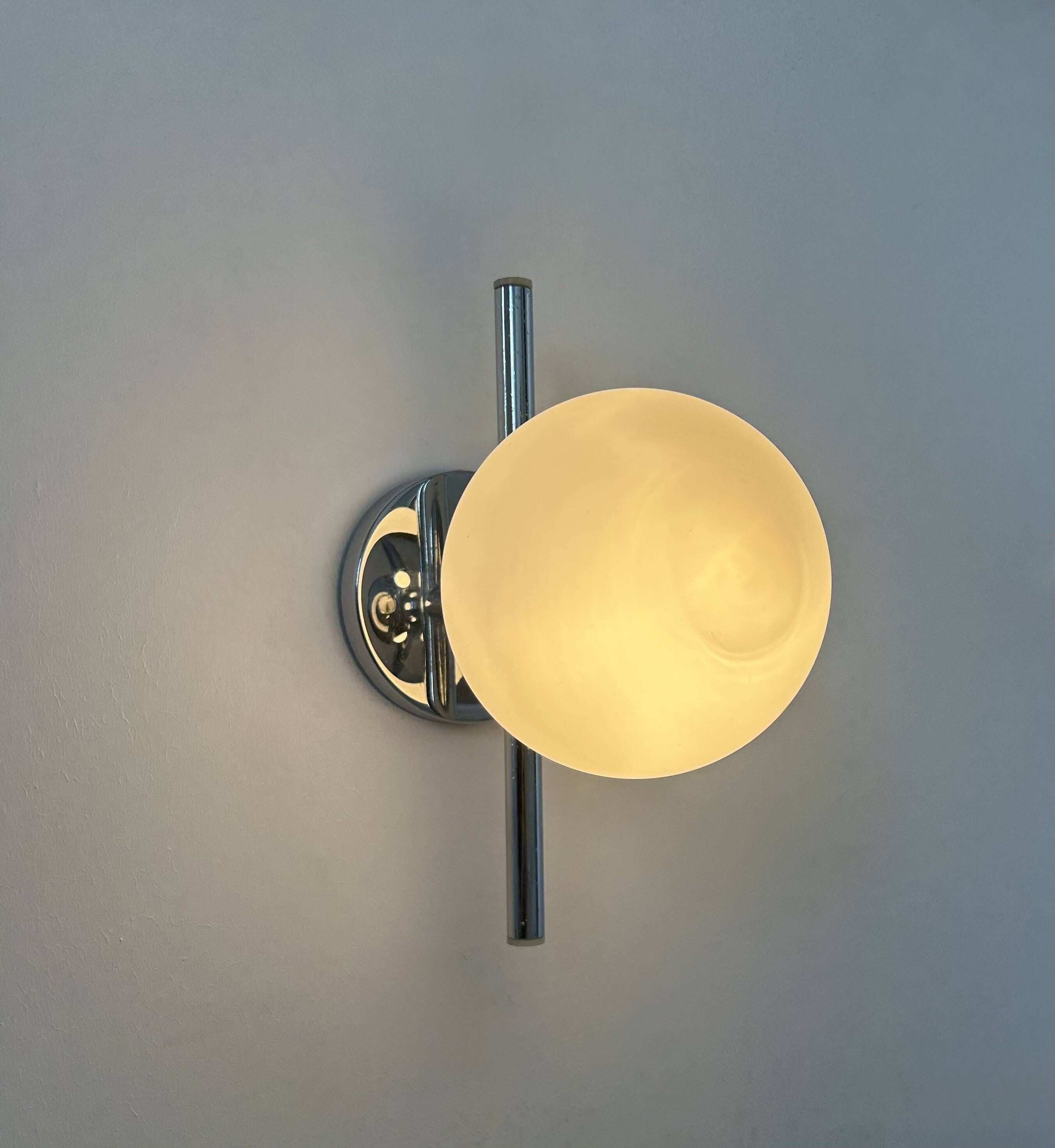 Pair of vintage chrome and opaline wall lights, France 1970.