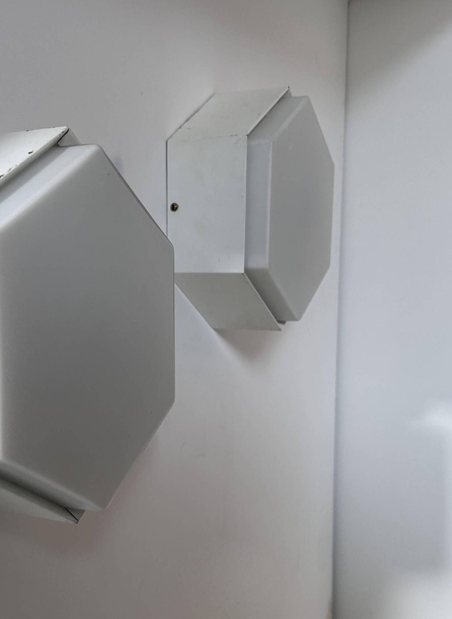 Pair of vintage Raak wall lights, opaline and white lacquered metal, Netherlands 1968