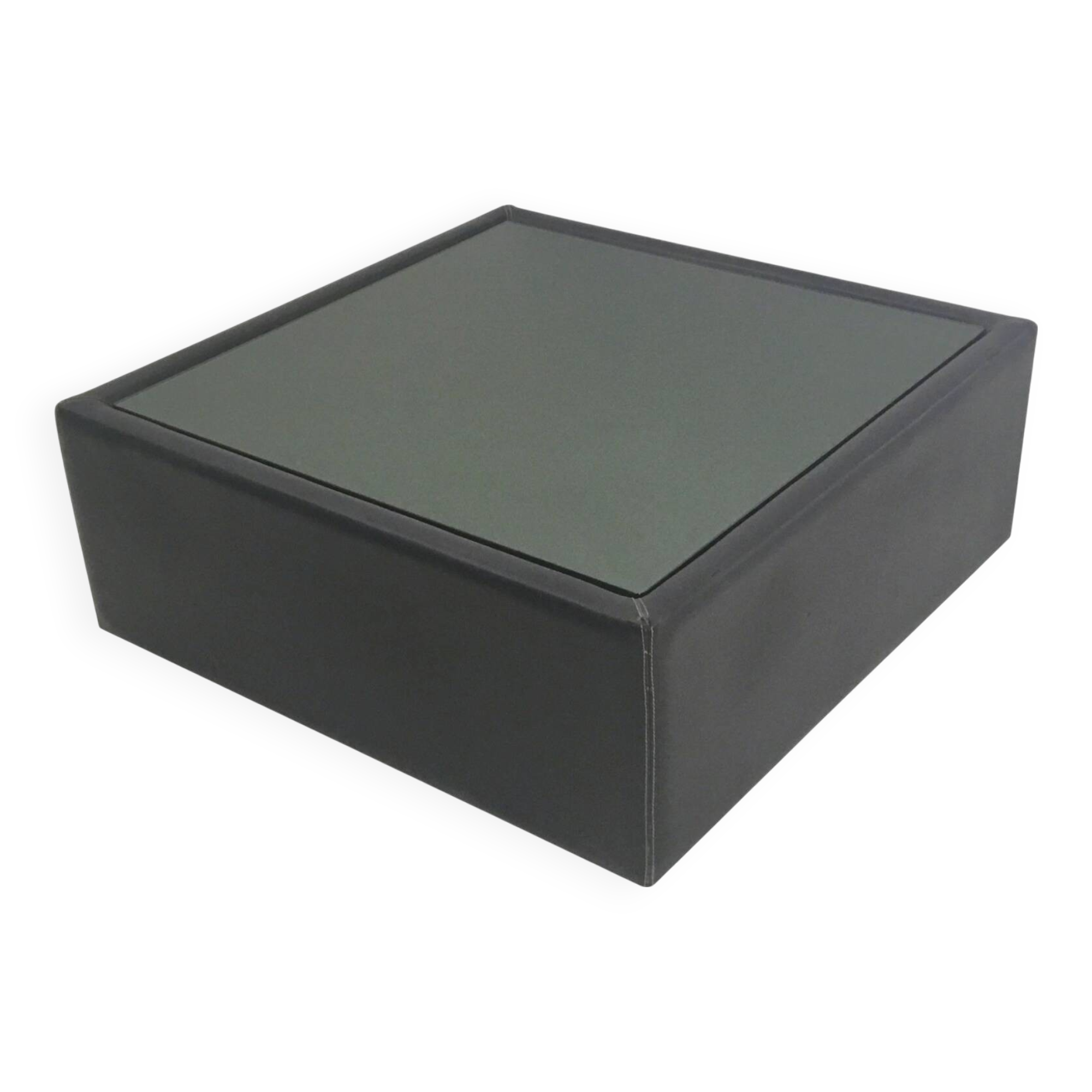 Table basse carrée en cuir noir avec plateau miroir, années 1970