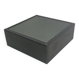 Table basse carrée en cuir noir avec plateau miroir, années 1970