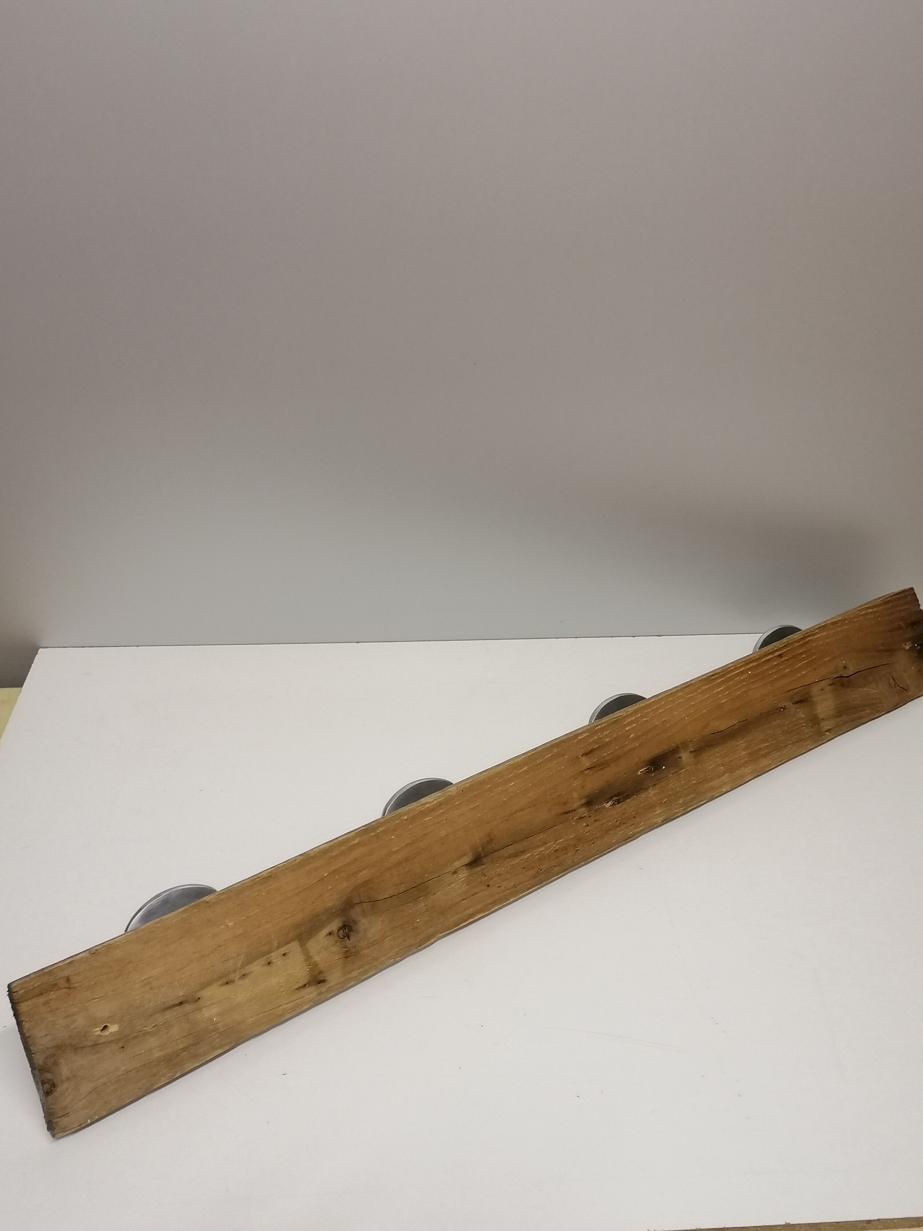 Former farm coat rack - 4 metal patères - wood support - 50s