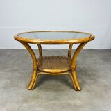 Round rattan smoked glass coffee table, 60s