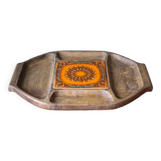 Wooden tray with vintage compartment, tray with orange tile