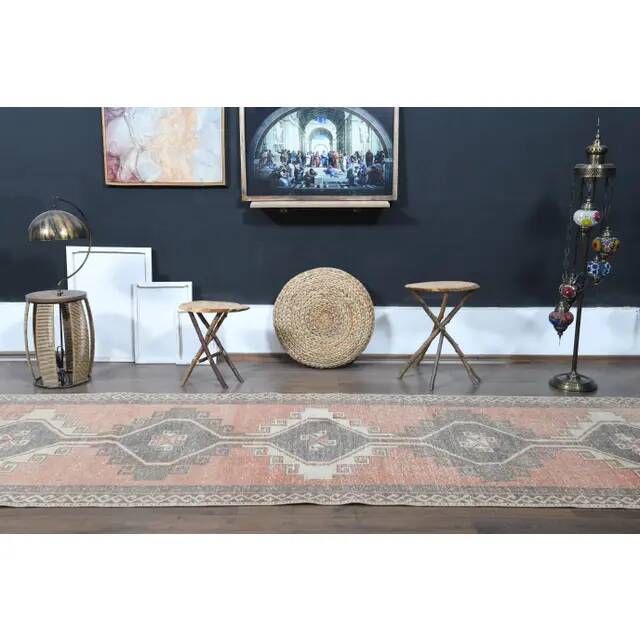Orange Brown Turkish Vintage Oushak Wool Handmade Rug Runner 122x365