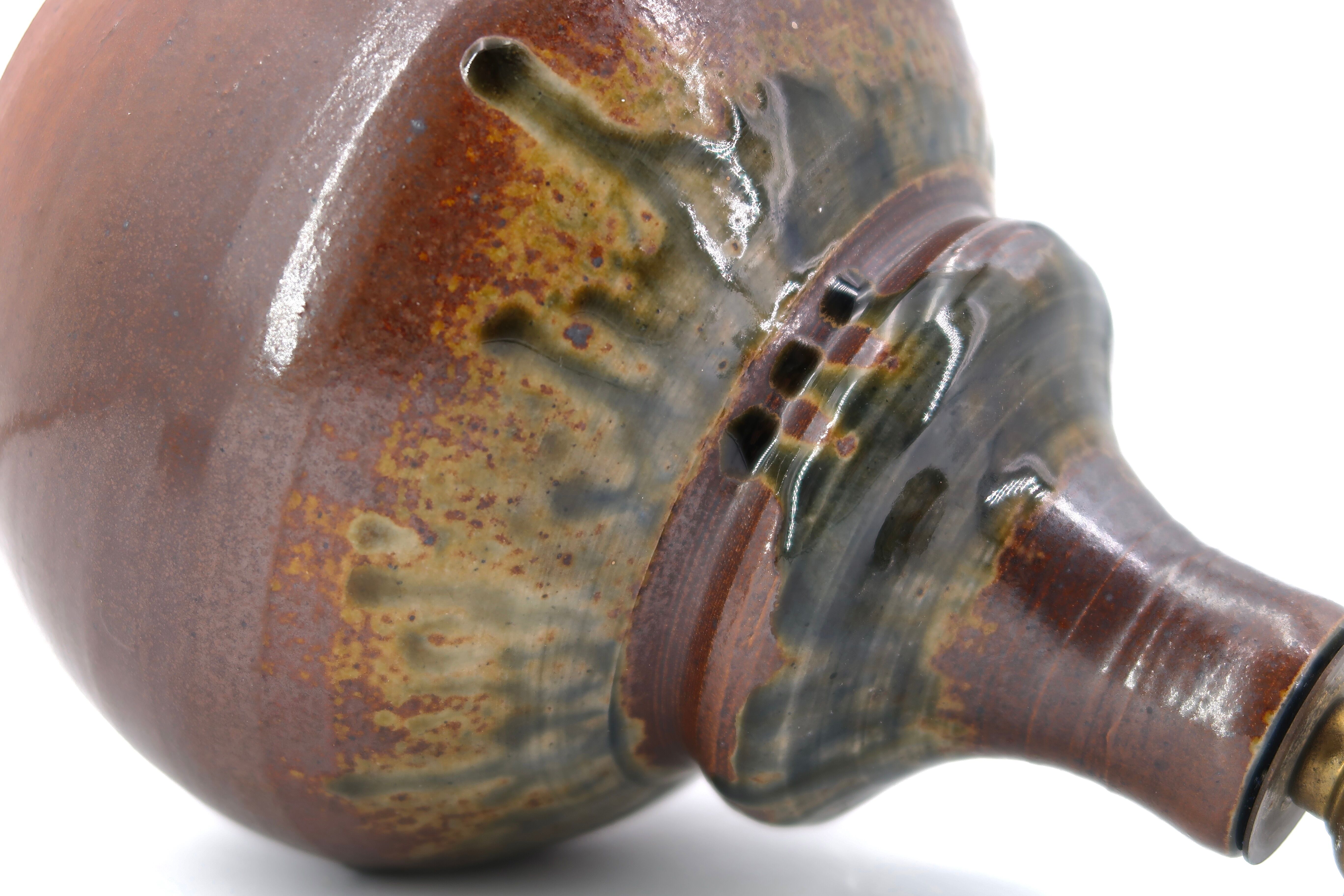 Puisaye stoneware lamp, raffia lampshade, 70s