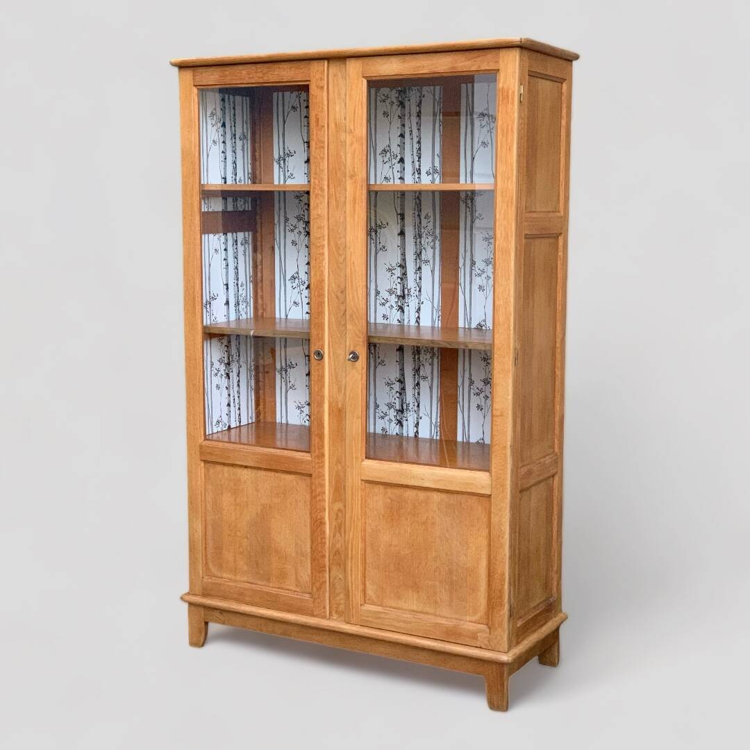 Solid raw oak school glass cabinet 1950