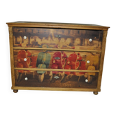 Commode en pin marron avec décor photo Vespa, 3 tiroirs, style rustique néo-vintage