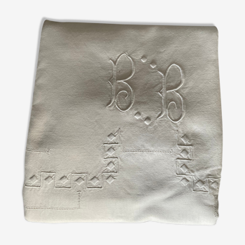 Embroidered sheet Linen monogram BB 218x296. Old